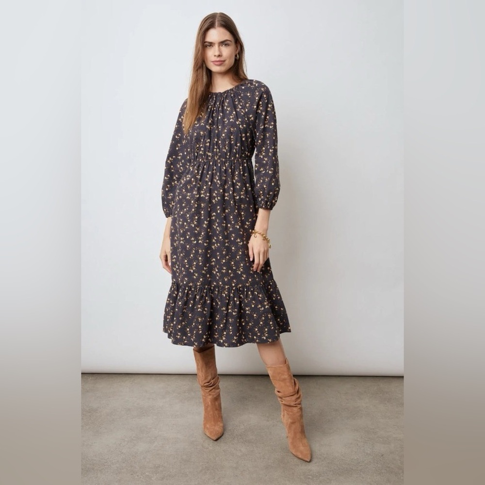 Rails Sal Romantic Black Floral‎ Ditsy Tiered Puff Sleeve Midi Dress Size Large
